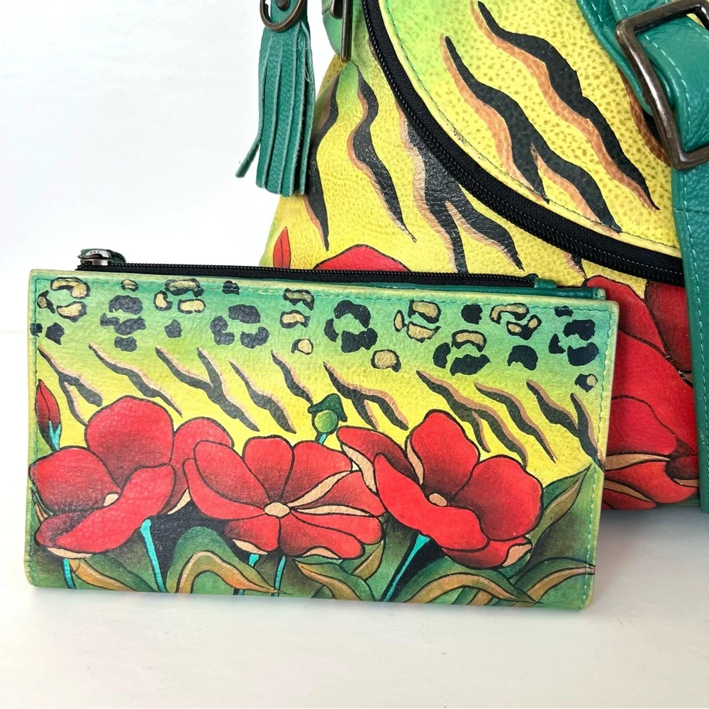 ANUSCHKA Multicolor Hand Painted Leather Wallet w Shoulder Bag Crossbody Satchel